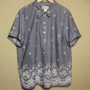 Alfred Dunner In The Navy Blouse Women 1X Navy Blue Gingham Floral Short Sleeve